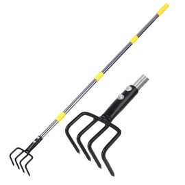 Garden Hand Tiller Cultivator, 4-Tine Adjustable Long Handle, Heavy Duty Weeding Tool for Raised Beds, Rust-Resistant Soil Loosener for Flower & Vegetable Gardens