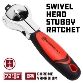 Powerbuilt 3/8 Inch Drive Swivel Head Stubby Ratchet, Swivel Head and Solid Grip, Small Size Ratchet for Tight Spaces, 72 Tooth - Red 940482