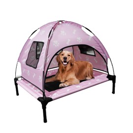 Elevated Covered Dog Bed - 36" x 36" x 30" - Dog Shade Canopy Lounger for Small & Large Dogs (Up to 110 lbs) - Portable & Durable - Cooling, UV & Water Resistant with Mesh Windows - Pastel Pink