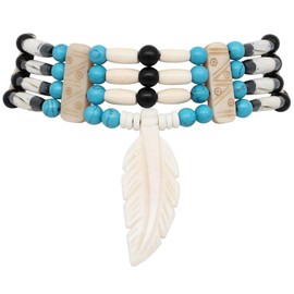 outROAR Gear American Indian Style Bone Choker Necklace, 4 Row with Feather Pendant and Blue Accents, Traditional Hairpipe Beads, Unisex Adjustable