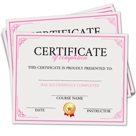 Certificate of Completion, 25 Pink Training Completion Award Certificates, Award Recognition School Diplomas, Student Course Certificates of Achievement Awards, Classroom Activities Supplies -A03