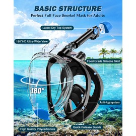 X99 Snorkel Mask, Full Face Snorkel Mask Adult 180 ° Panoramic View with Detachable Camera Mount, Anti-fog Anti-leak Snorkel Mask Full Face Dry Top Foldable Diving Mask for Men Women