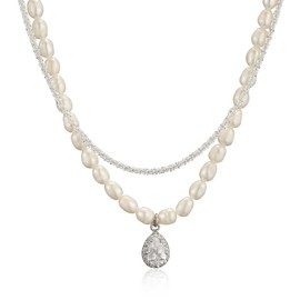 IDOKAWA Round 6-7mm Freshwater Cultured Pearl Necklace for Women, Vintage Multilayer White Gold Plated Zircon Pendant Choker, Daily Jewelry for Wedding, Party, Birthday