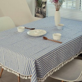 meioro Tablecloths Striped Tassel Table Cloth Rectangular Tablecloth Cotton Linen Table Cover Suitable for Home Kitchen Decoration (Blue/White Stripes, 120×160cm)