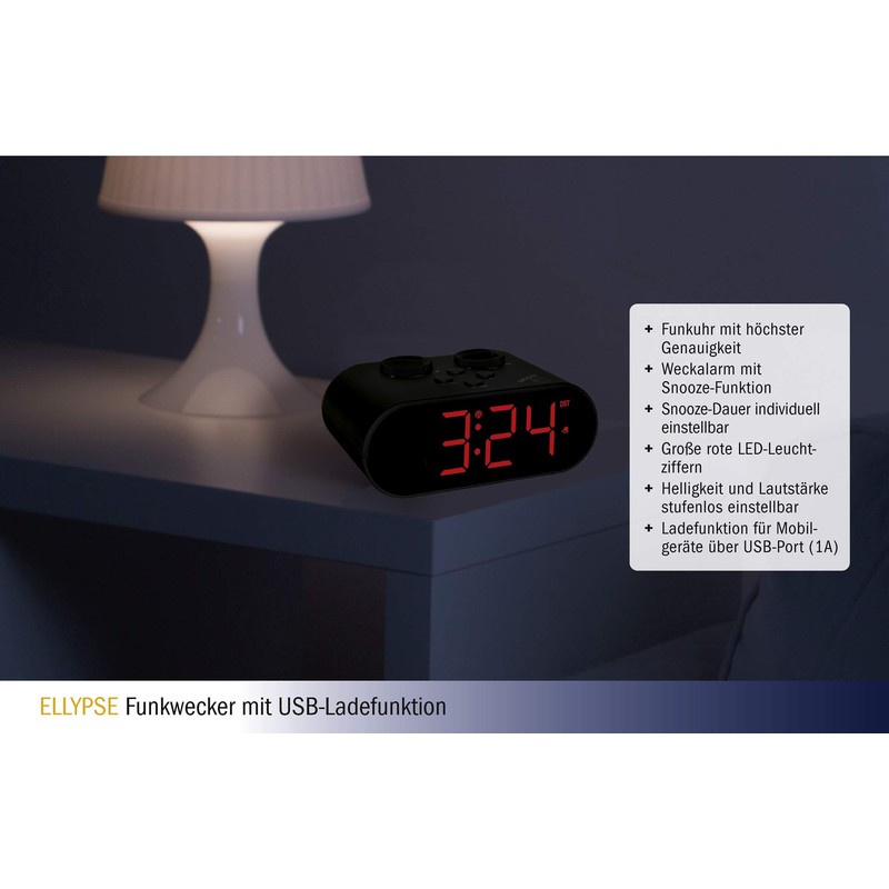 TFA Dostmann Ellypse Digitaler Funk-Wecker, mit USB-Ladefunktion, 60.2551.01, LED-Leuchtziffern, 15,2