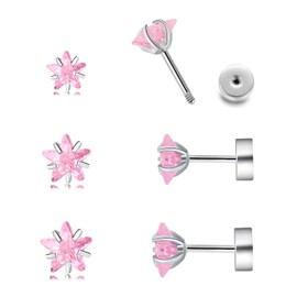 3 Pairs Stud Earrings Flat Back Stud Earrings Set, Hypoallergenic Surgical Steel Earrings Cubic Zirconia Earrings Studs Screw Back Earrings for Women 3-5mm