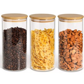 ComSaf Airtight Glass Storage Canister with Wood Lid(1.5 Qt), Set of 3 Glass Jars with Lids, Clear Food Storage Container Jar with Sealing Lids for Dry Food Cereal Oat Sugar Tea Coffee Beans, Round