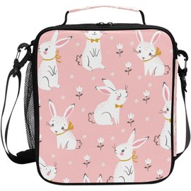 AUUXVA Cute Pink Bunny Kids Lunch Bags for Girls Boys Insulated Lunch Box Thermal Lunchbox Tote Bag with Adjustable Strap Leakproof Durable Lunch Cooler for Children Women School Work