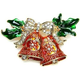Unbranded Christmas Double Holiday Red Enamel Bells Bow Brooch Pin Gold Tone NEW Gift Box