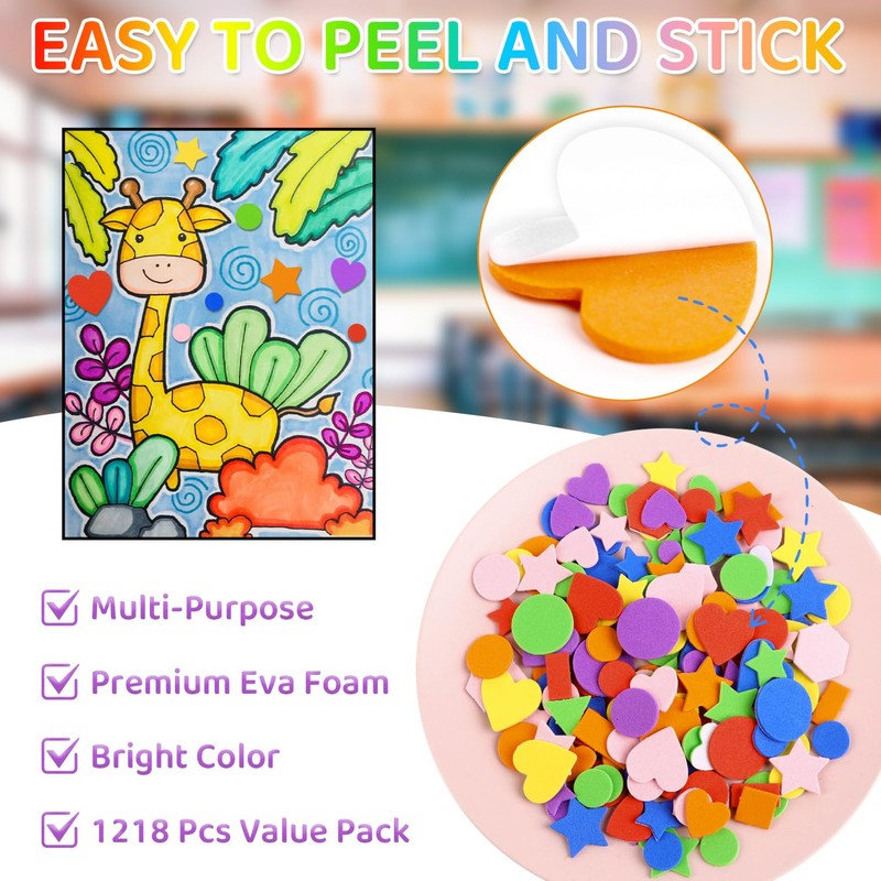 1218 Pcs Foam Stickers 7 Colors Self Adhesive Foam Shapes