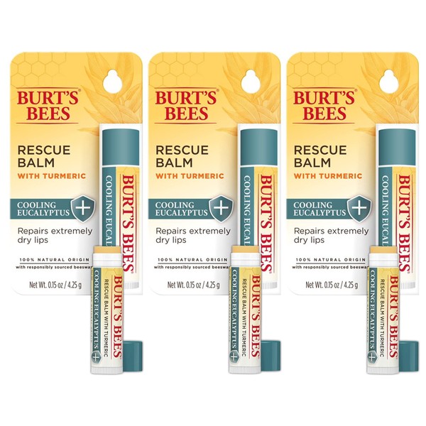 Burt Bees 100 percent Natural origin Rescue Lip Balm with Beeswaxand Antioxidant-Rich Turmeric Promotes Healing of Extremely Dry Lips,Cooling Eucalyptus Bundle,3 Tubes,15 ounce
