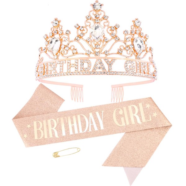 AHONEY Birthday Girl Crown and Sash for Girls Women Rose