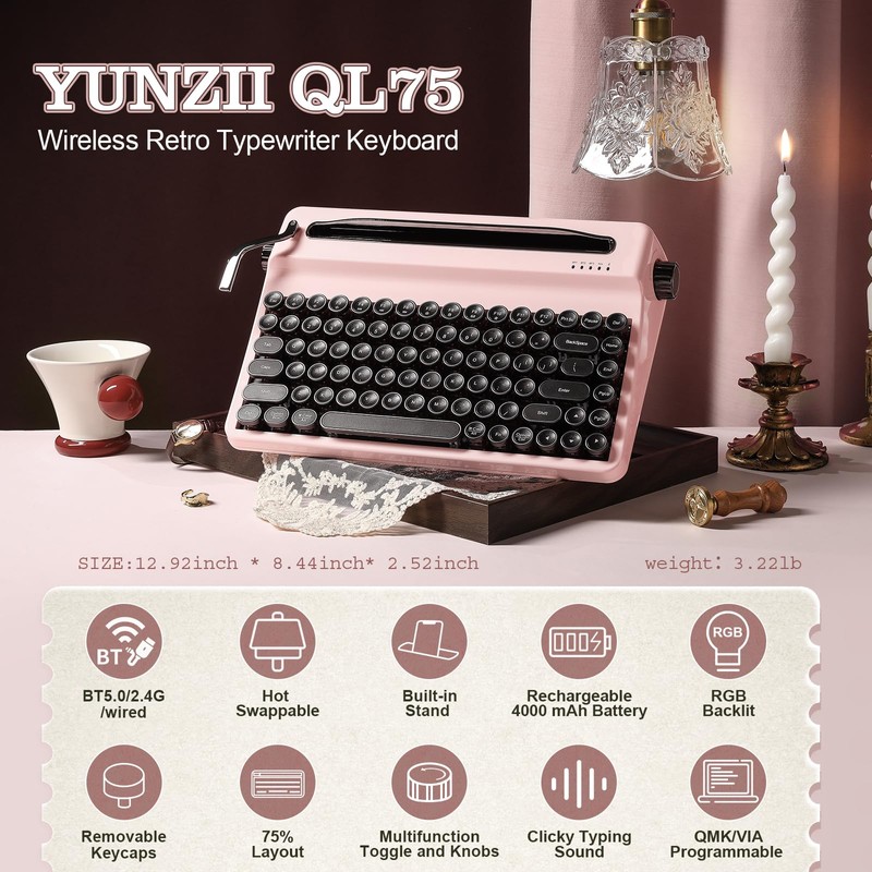 YUNZII QL75 Wireless Typewriter Hot Swap Retro Mechanical Keyboard,Punk Round