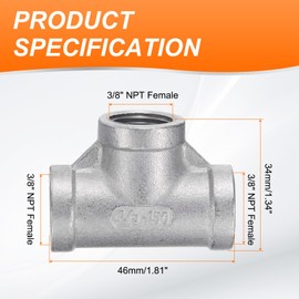 QUARKZMAN 2 Pieces Tee Pipe Fitting (3/8" x 3/8" x 3/8") NPT Female 304 Stainless Steel T Shaped 3 Way T Connector for Industrial Connection of Water Air Gas Oil Fuel