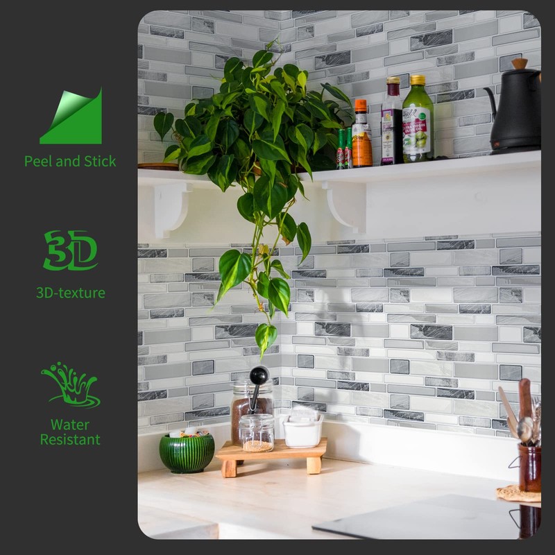 LONGKING Self-Adhesive Kitchen Backsplash, Marble Look Decorative Tiles (10 Tiles)