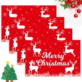 4PCS Christmas Placemats, Reindeer Snowflake Place Mats, Washable Linen Dining Table Place Mats for Xmas, Merry Christmas Red Table Mats Seasonal Home Party Indoor Kitchen Dining Table Decoration