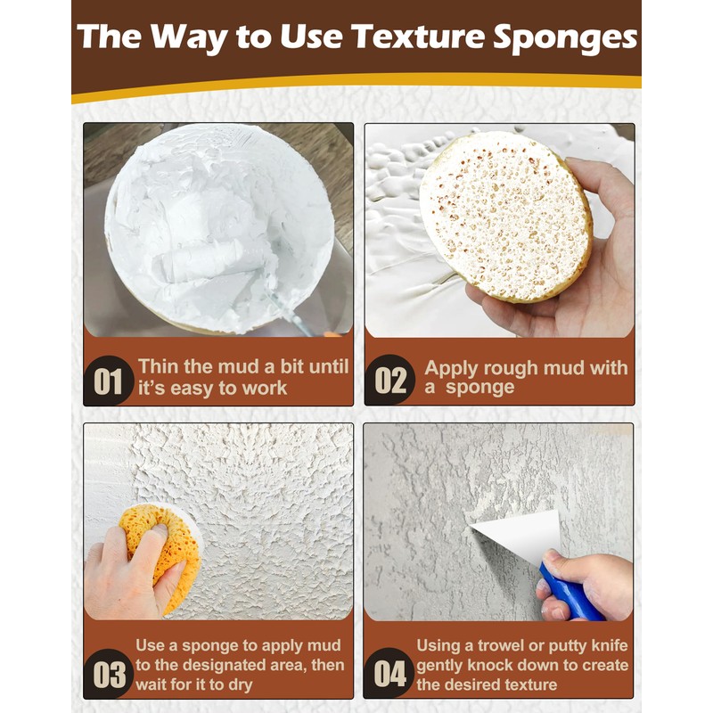 Rokkuon 4Pcs Knockdown Texture Sponges, Sponge for Patch/Repair Ceiling Drywall