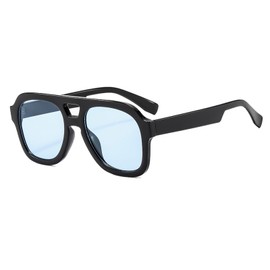 Long Keeper Retro Pilot Sunglasses Men Women 70s Vintage Sunglasses Aviator Glasses Square Classic Pilot Yellow Tinted Glasses with UV400 Protection 50 mm, Black Frame - Blue Lens