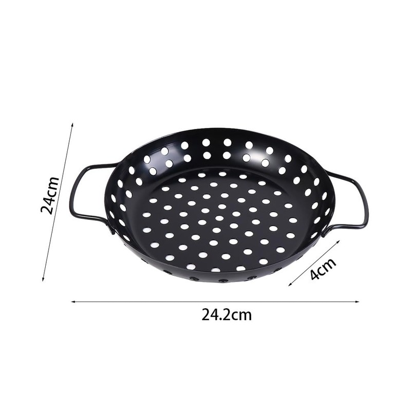 Round Grill Wok with Handle,Carbon Steel Grill Pan With Holes,Non-Stick