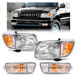 HECASA Headlight w/Bulbs Corner&Turn Signal Light Compatible with 2001-2004 Toyota Tacoma Replacement for TO2503136 TO2502136 Headlamp Signal Bumper Lights Clear Lens Black Housing Clear Trim LH&RH