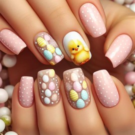 Easter Press on Nails Short Square Fake Nails Chick Egg Wave Point false Nails with Chicken Design Cute Full Cover Easter Glossy Colorful Acrylic Stick on Nails for Women Manicure Decorations 24 Pcs