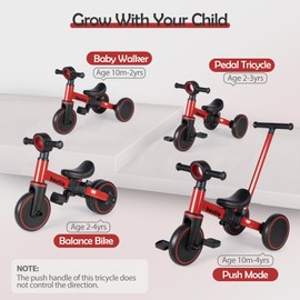 Bautia Kids Tricycle for Toddlers 1-3 with Push Handle, 5 in 1 Baby Balance Bike Toy for 1-4 Years Old Boys Girls Gift with Removable Pedals, Red (No Parent Steering Version)