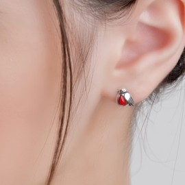 HENRYKA Miniature Robin Stud Earrings in 925 Sterling Silver, Red Coral | Christmas Jewellery | Gifts For Her