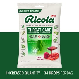 Ricola Max Swiss Cherry Throat Care Large Bag | Cough Suppressant Drops | Dual Action Liquid Center | Soothing Long-Lasting Relief - 34 Count (Pack of 1)