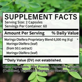 Moringa Capsules - 6000mg - 120 Capsules - Natural Ingredients- 3 Bottles