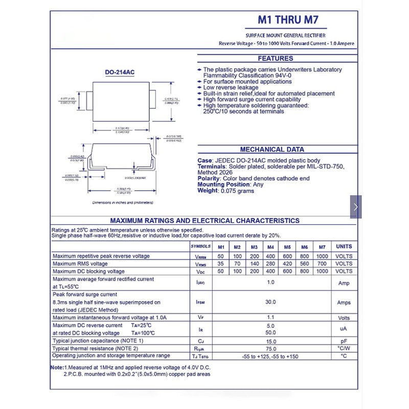 Innfeeltech Pack of 100 M7 Rectifier Diode 1N4007 DO-214AC SMA