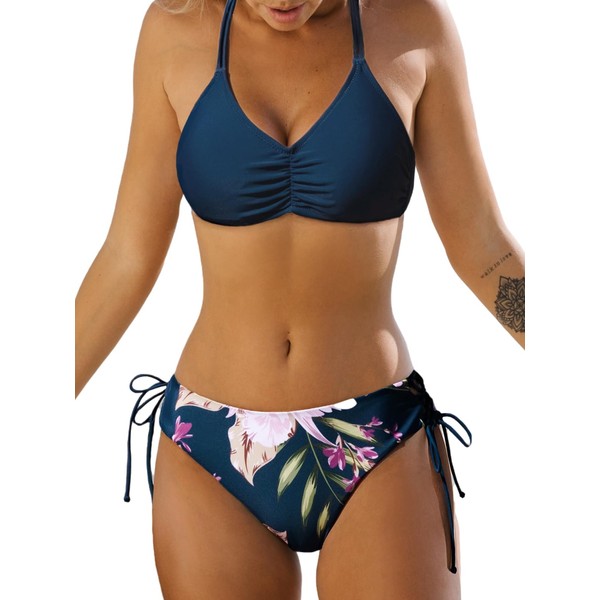 CUPSHE Bikini Set for Women Two Piece Swimsuits Back Braided Straps Lace Up Reversible Bottom Mid Rise M, Navy Blue