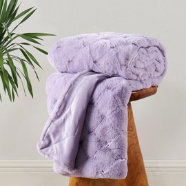 BYTIDE Jacquard Plaid Faux Rabbit Fur Plush Throw Blankets with Micromink Back, Soft Warm Cozy Fluffy Fuzzy Luxury Throw for Couch Sofa Chair Bed, 50" x 60", Lavender
