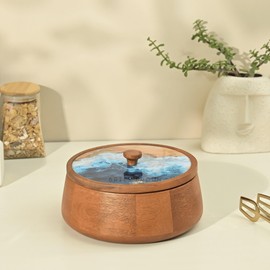 Brick Brown ® Handcrafted Enamel Coated Wooden Aqua Roti Box | Chapati Box for Kitchen | Hot Pot Casserole for Roti Server Tableware Serving | Case Roti Dabba with Lid (8.8 × 8.8 × 4.5 Inch)