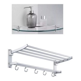 ArgenMex Set Baño 4 Repisas Esquineras Cristal + Toallero Doble Inox