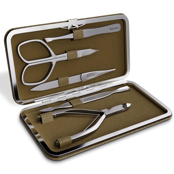 Suvorna Manipro P50 Premium 5 Pcs Manicure Set in Sand by – Stainless Steel, Cuticle Nipper, Nail Scissors, Tweezers, Cuticle Pusher & Nail Filter – Lifetime Guarantee. Perfect Little Gift Set.