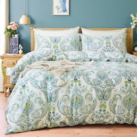 Cozaline 100% Cotton Floral Duvet Cover King - Green Paisley Comforter Cover 3-PC, Soft & Breathable Bedding Duvet Cover Sets with Zipper Closure & Corner Ties, Retro Duvet Cover Sets