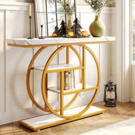 LITTLE TREE Console Table, 4-Tier Entryway Table Behind Couch Table, 41.3-Inch Modern Sofa Table for Living Room, Foyer Hallway Table for Entrance, White and Gold