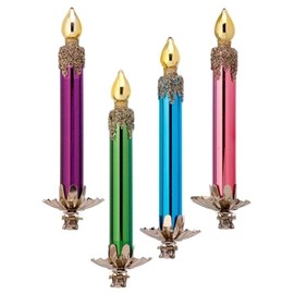 The Bridge Collection Multicolor Retro Candle Clip On Ornaments - Set of 4 - Glittery Candle Stick Christmas Tree Ornaments for Holiday Decor - Colorful Clip-On -Decoration Only- Does not light up