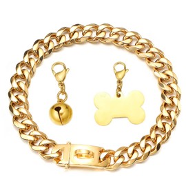 RUMYPET Gold Dog Collar 18k Cuban Link Chain 15mm/19mm Wide Chew Proof Strong Stainless Steel Walking Training for Medium Large Dogs 10-26inch(15mm,10inch), 10inch(neck girth:8inch to 9.5inch)