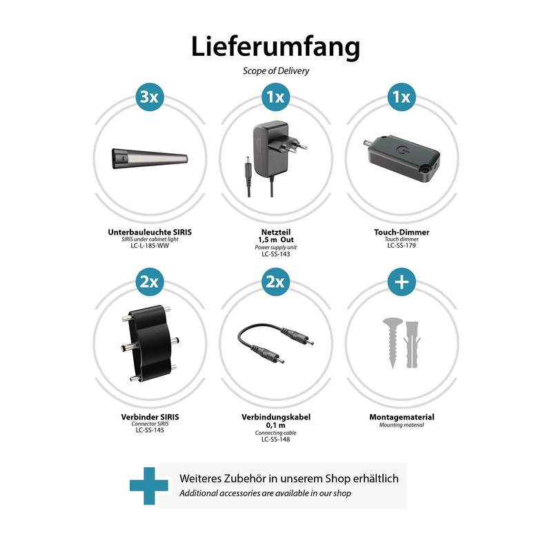 ledscom.de Siris LED Under-Unit Light Set of 3 Matt Black