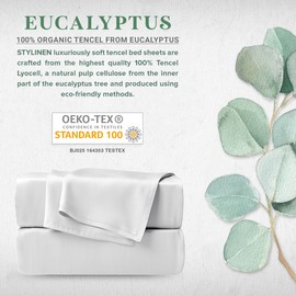Stylinen 100% Organic Eucalyptus Bed Sheets Queen Size 4 Piece Set, Tencel Lyocell, Silky Soft & Smooth, Breathable, 16 Inch Deep Pockets, 1 Fitted, 1 Flat, 2 Pillowcases (Queen, White)