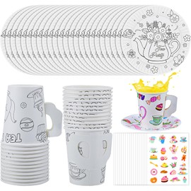 Lenwen Paper Tea Cups with Handle Disposable Party Cups DIY Coloring Cups Kids Floral Paper Tea Cups and Plates Sticker Tea Party Favors Activity Crafts for Tea Party Game Decoration Supplies (24 Set)