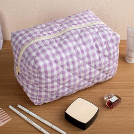 MIROSIE Handmade Makeup Bag, Skincare Organizer Zipped Pouch,Cotton Travel Cosmetic Bag,2 Pieces Gingham Beauty Purse for Women Gilrs,Purple