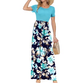 AUSELILY Women's Short Sleeve Loose Plain Casual Long Maxi Dresses for Women 2025 Light Blue L