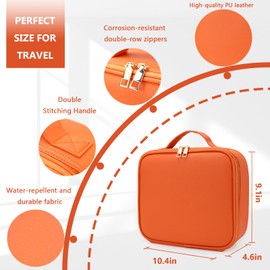 Travel Makeup Bag for Makeup Artists Large Makeup Case,with Mirror 3 Color Setting and Detachable 10x Magnifying Mirror Travel Makeup Bag,Portable Storage and Adjustable Dividers （orange）