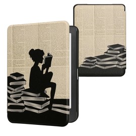 kwmobile Case Compatible with Kobo Clara HD Case - eReader Cover - Girl and Books Black/Beige