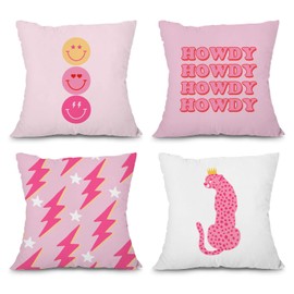 heilkee Preppy Throw Pillow Covers Set of 4 Decorative Soft Pillowcase Hot Pink Preppy Room Decor Aesthetic Smiley Face Square Cushion Case for Sofa Girls Bedroom,18x18 Inches
