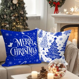 Lanpn 45x45 cm Blue Christmas Pillow Covers Set of 4, Christmas Decorations Pillowcase, Winter Decorative Pillow Case, 18x18 Christmas Tree Cushion for Indoor Home Bedroom Sofa Xmas Couch Decor