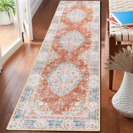 MUJOO Hallway Runner Rug 2'x8' Long Rug Runners Boho Machine Washable Non Slip Carpet for Entryway Kitchen Bathroom Bedside Retro Soft Low-Pile Blossom Orange