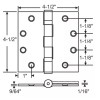 STRY-BUC Ball Bearing Hinge Square corners 4-1/2in X 4-1/2in satin Chrome Finish 3/Box